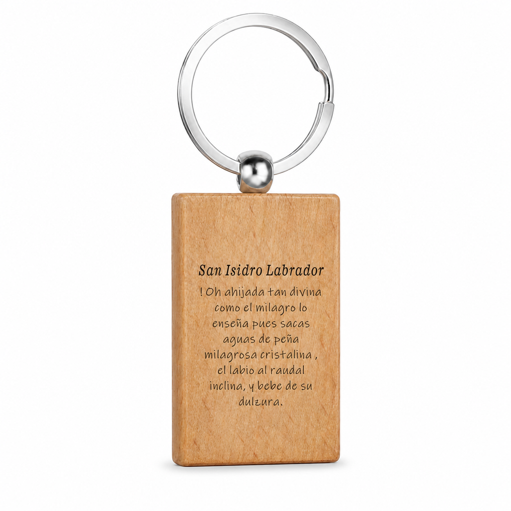 Reverso grabado del llavero de madera San Isidro Labrador con anilla de acero inoxidable