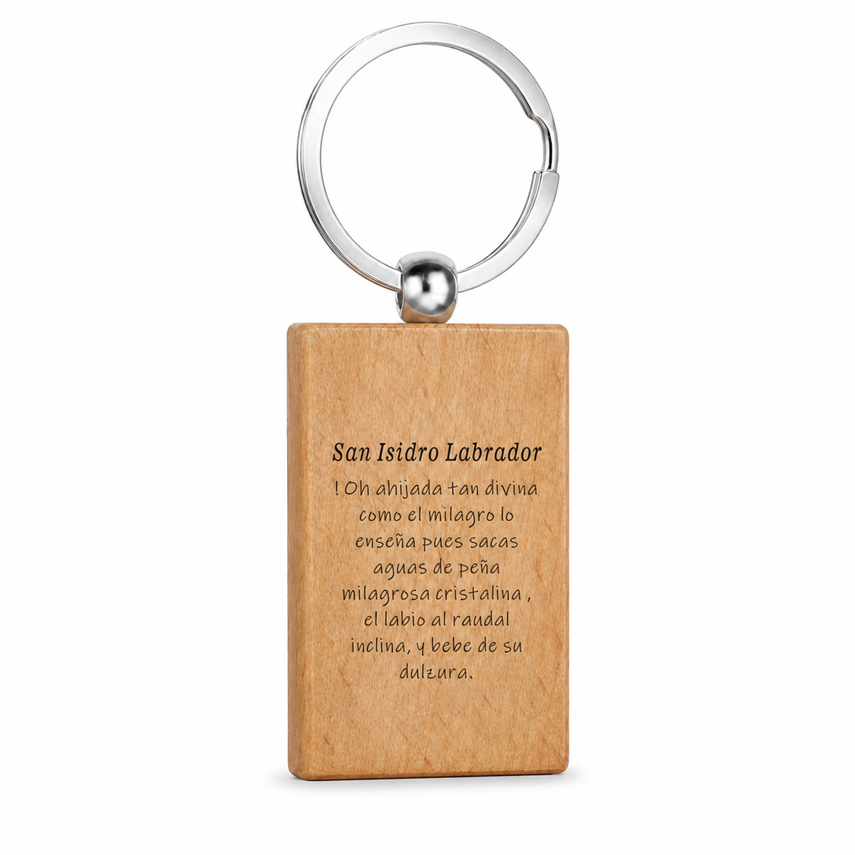 Reverso grabado del llavero de madera San Isidro Labrador con anilla de acero inoxidable