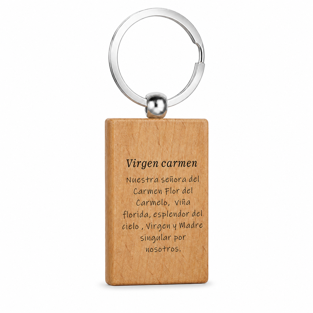 Reverso grabado del llavero de madera Virgen del Carmen con anilla de acero inoxidable