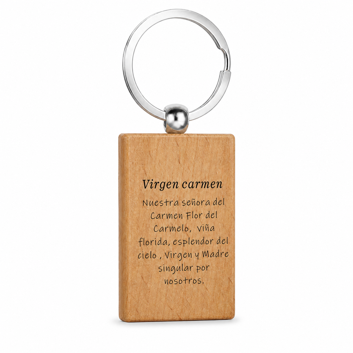 Reverso grabado del llavero de madera Virgen del Carmen con anilla de acero inoxidable