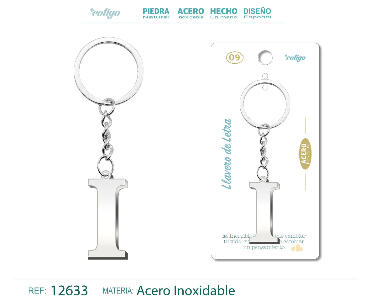 Llavero con la inicial letra I de acero inoxidable, diseño minimalista plateado, presentado sobre tarjeta de regalo con frase emotiva de la marca Cotigo.