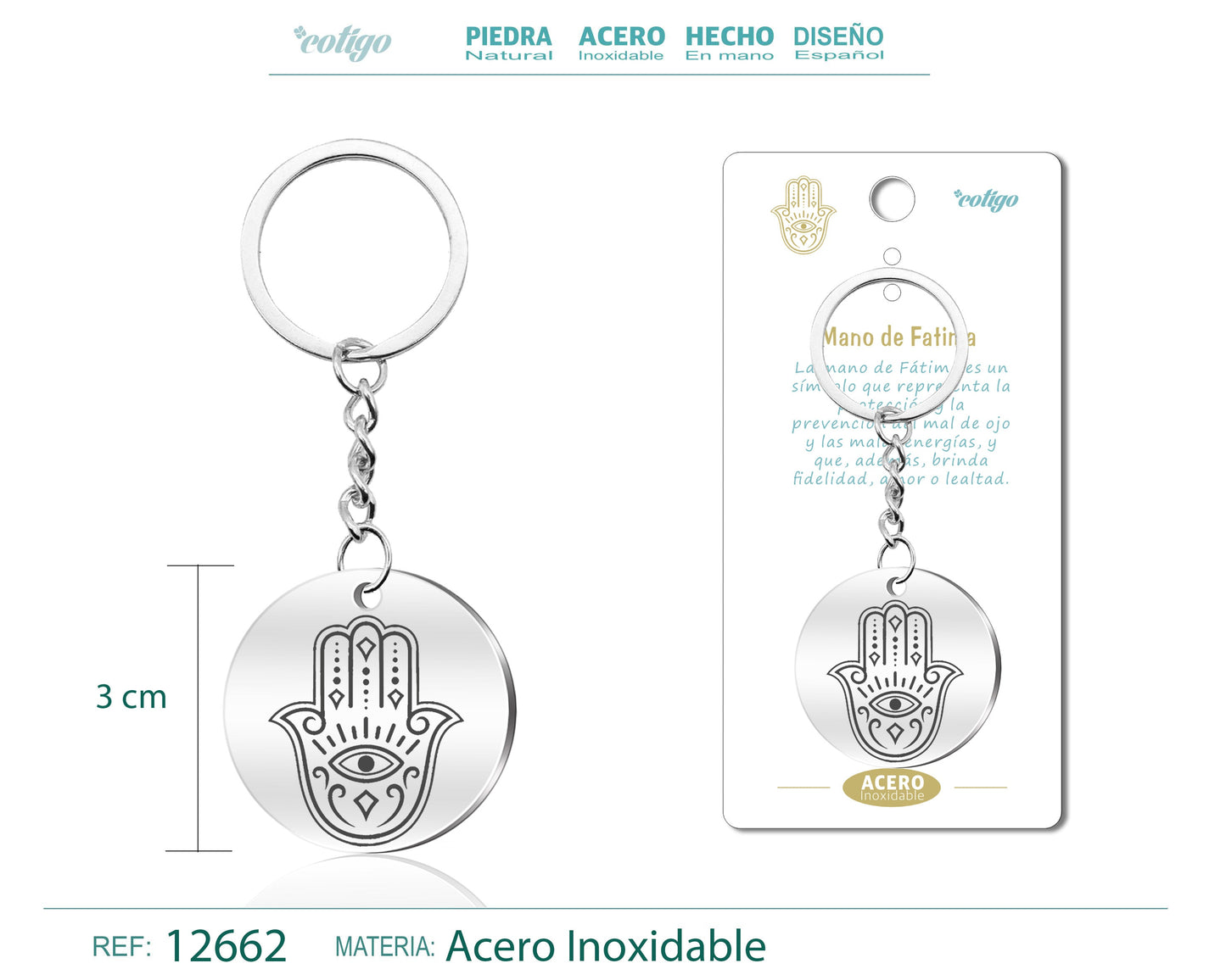 Llavero Acero de Simbolo Suerte Mano de Fatima