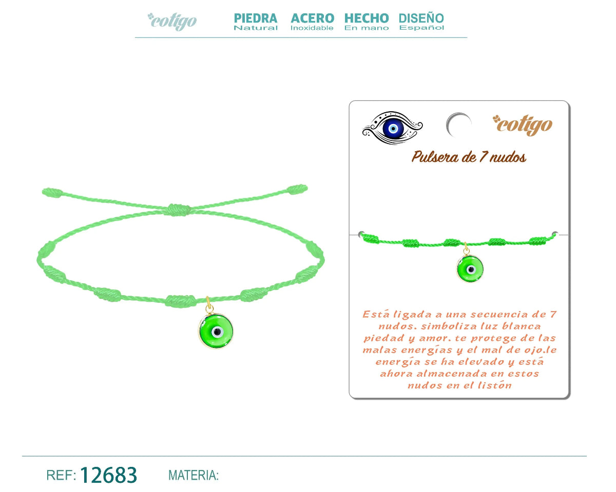 Pulsera verde de 7 nudos con colgante de ojo turco verde y cordón ajustable trenzado.