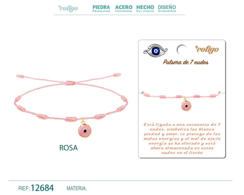 Pulsera rosa de 7 nudos con colgante de ojo turco rosa y cordón ajustable trenzado.