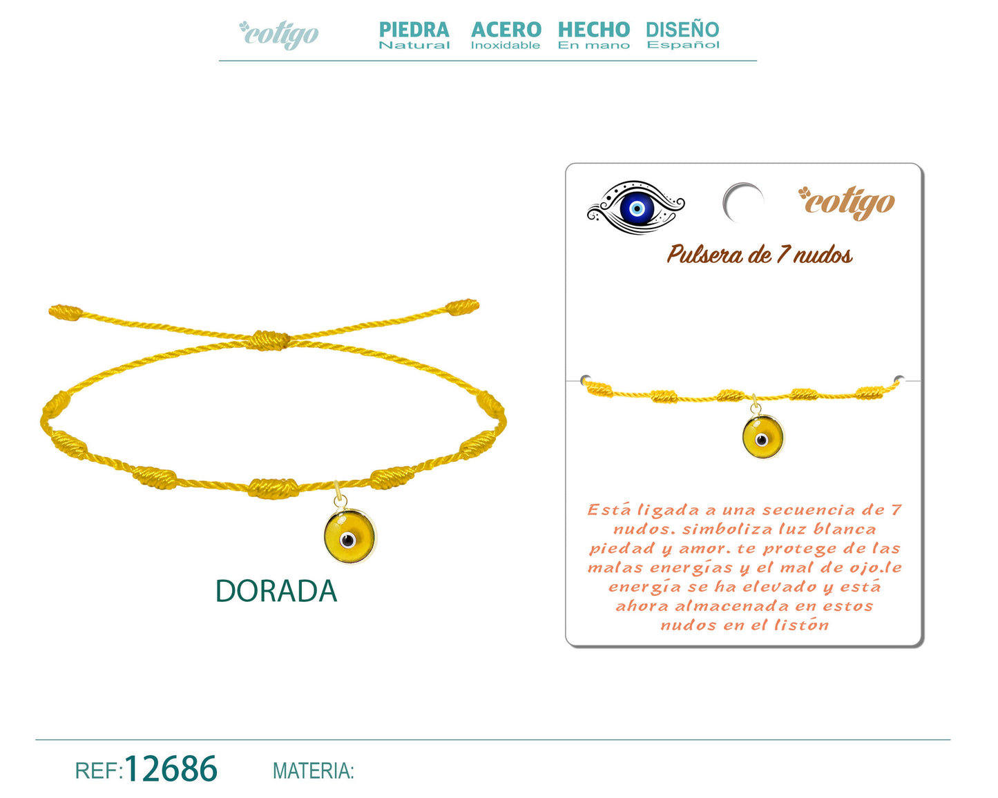 Pulsera 7 nudos Dorado con Colgante de ojo Turco