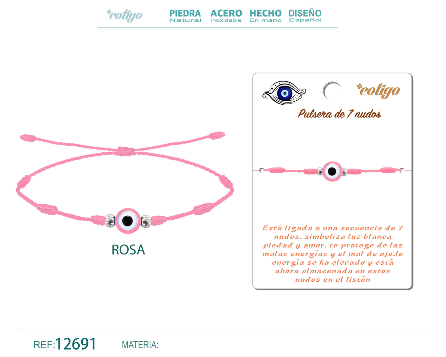 Pulsera 7 nudos Rosa con ojo Turco