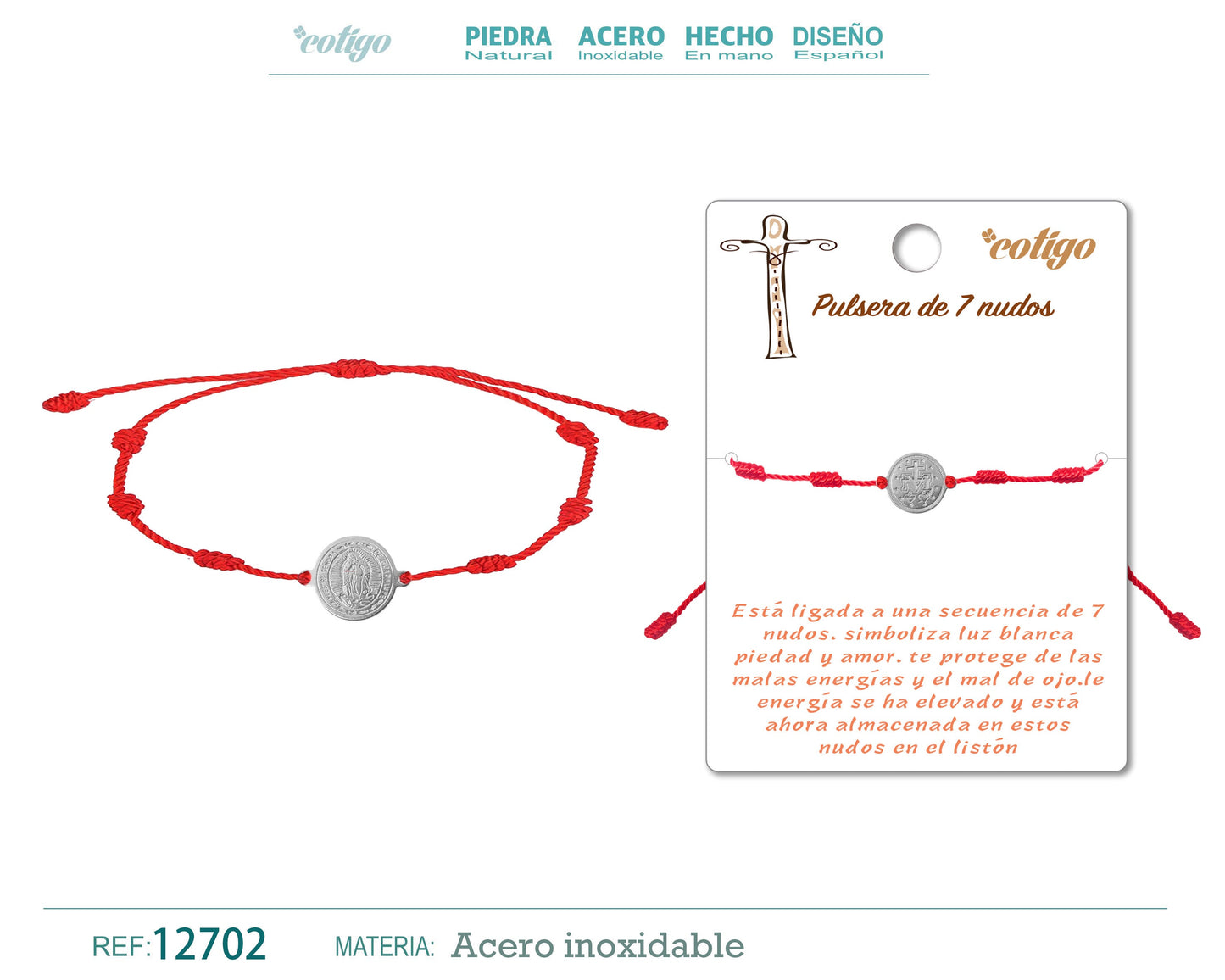 Pulsera 7 nudos con Virgen Guadalupe color Plateado