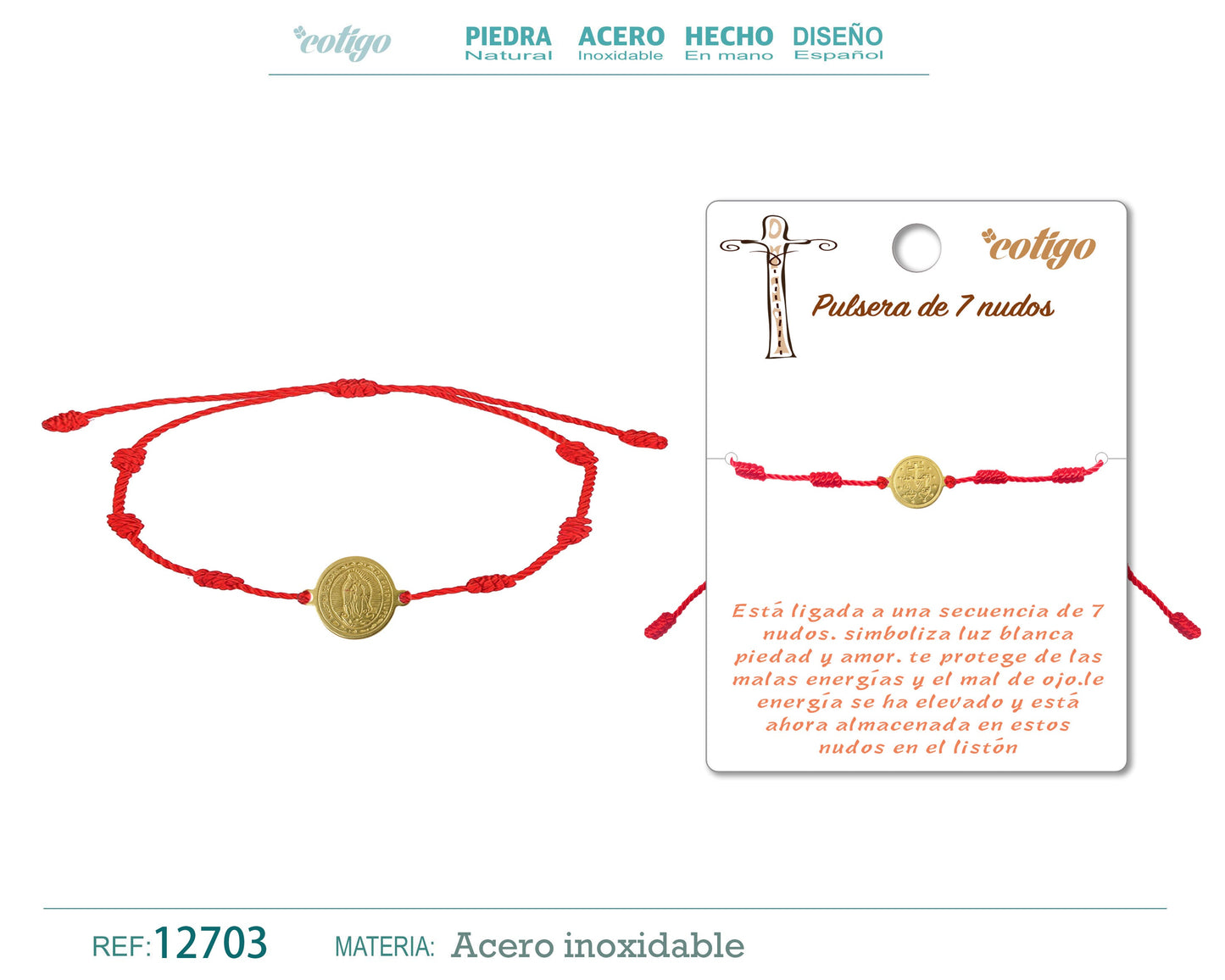 Pulsera 7 nudos con Virgen Guadalupe color Dorado