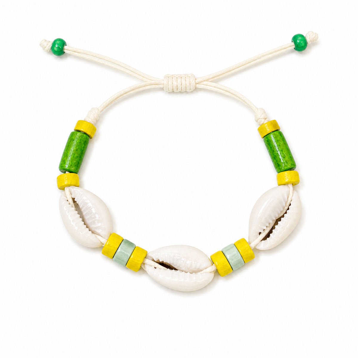 Pulsera Concha Hilo Encerado Verde Amarillo
