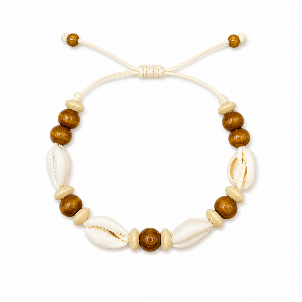 Pulsera Concha Hilo Encerado Cuentas Marrones