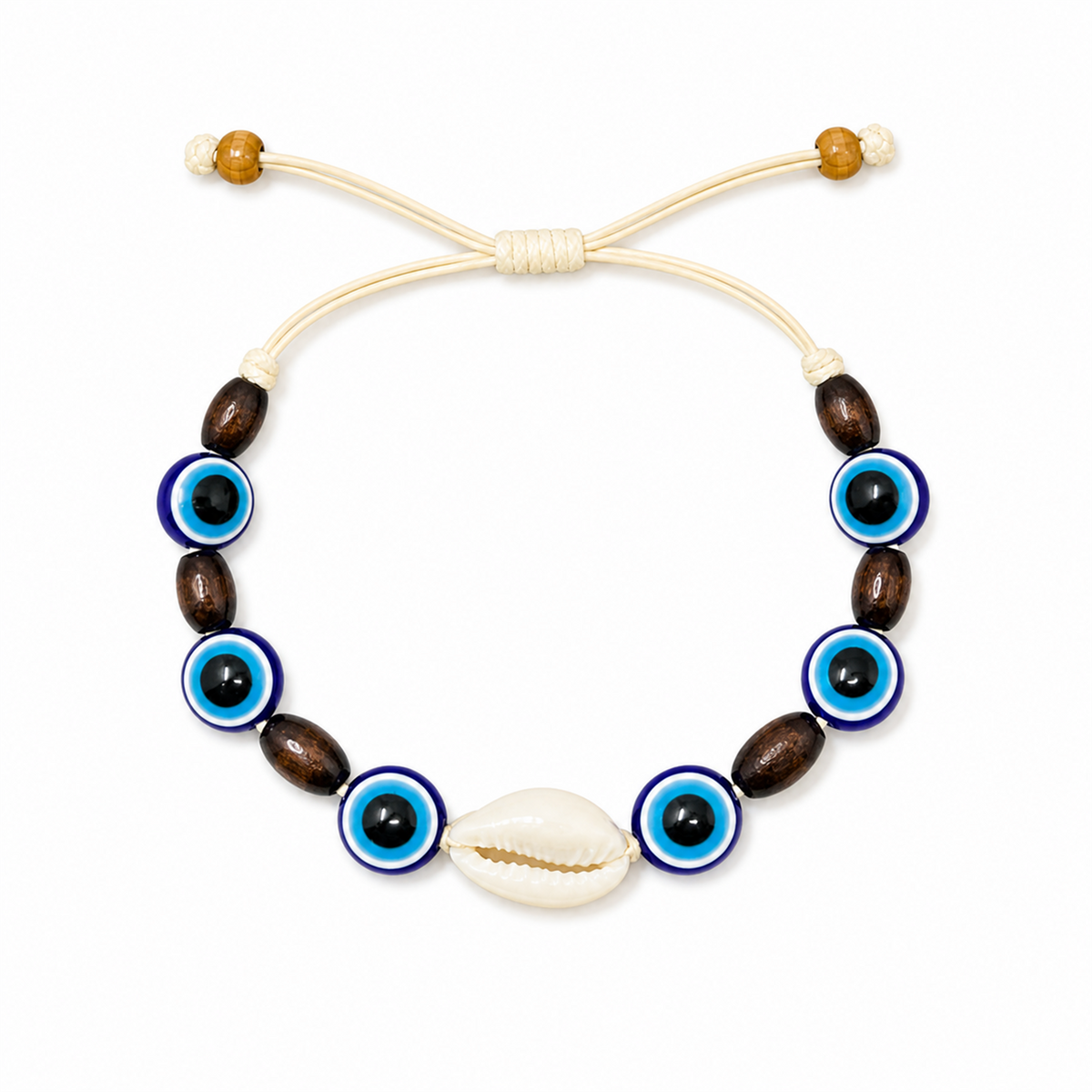 Pulsera Concha Hilo Encerado Ojo Turco Azul