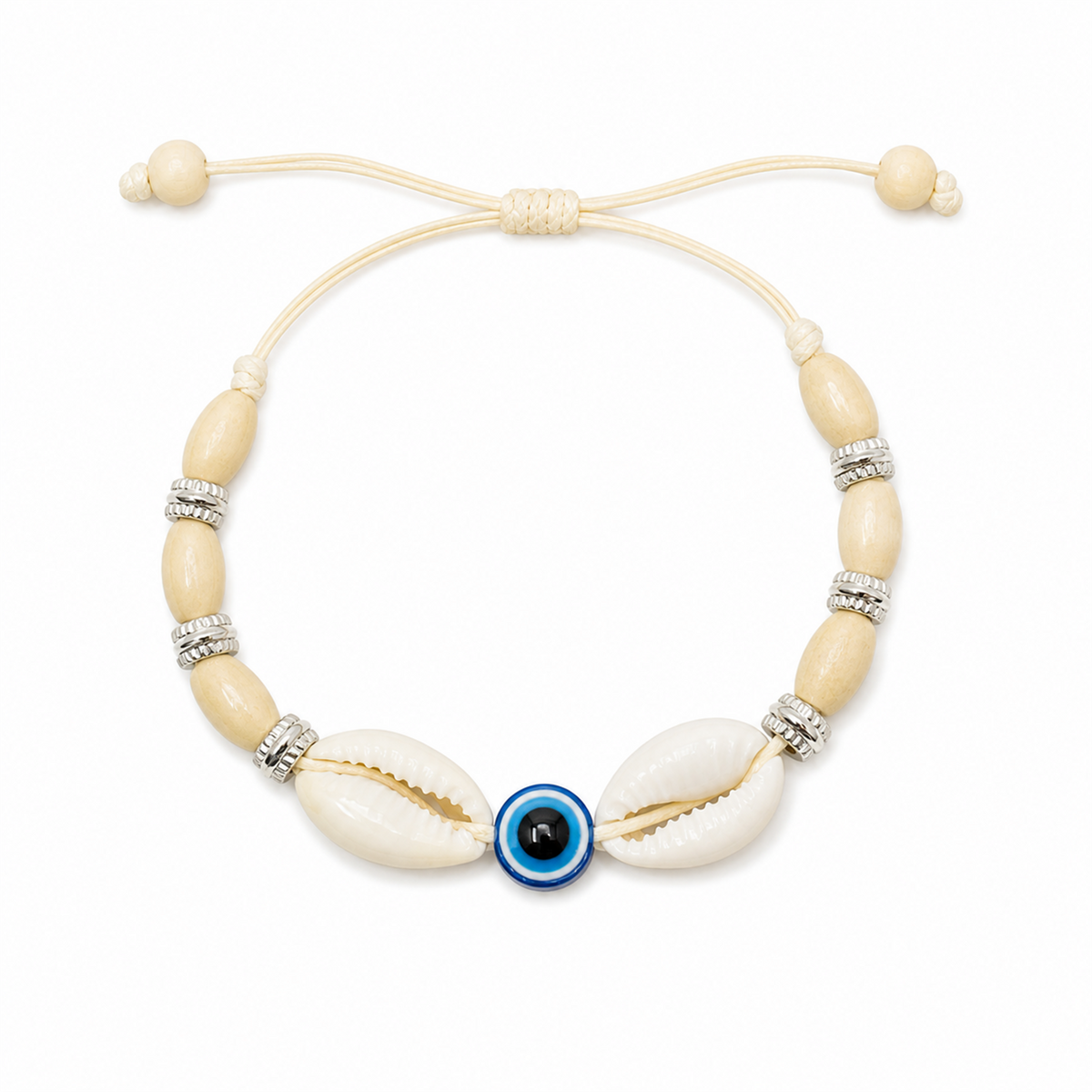 Pulsera Concha Hilo Encerado Ojo Turco Plata