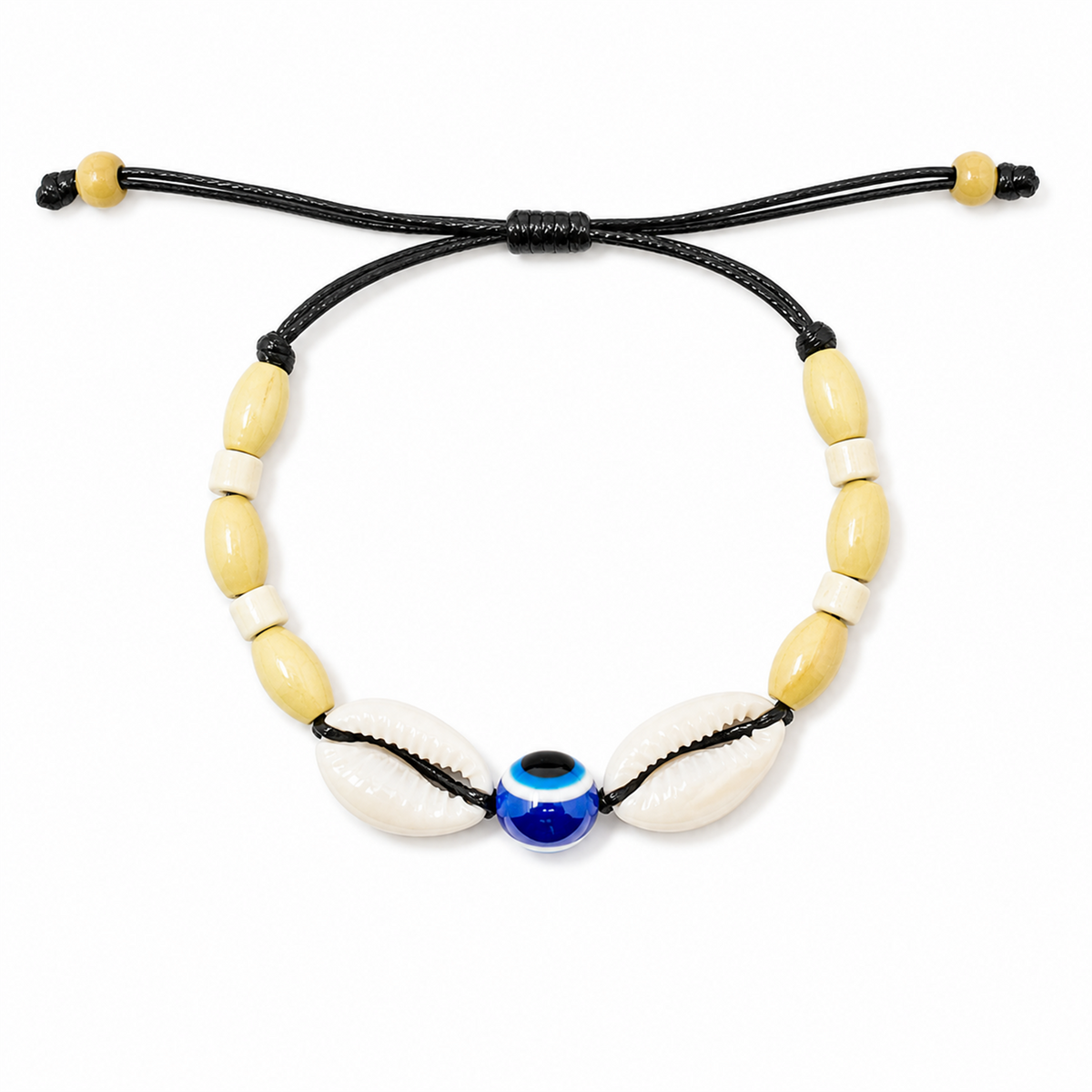 Pulsera Concha Hilo Encerado Negro Ojo Turco
