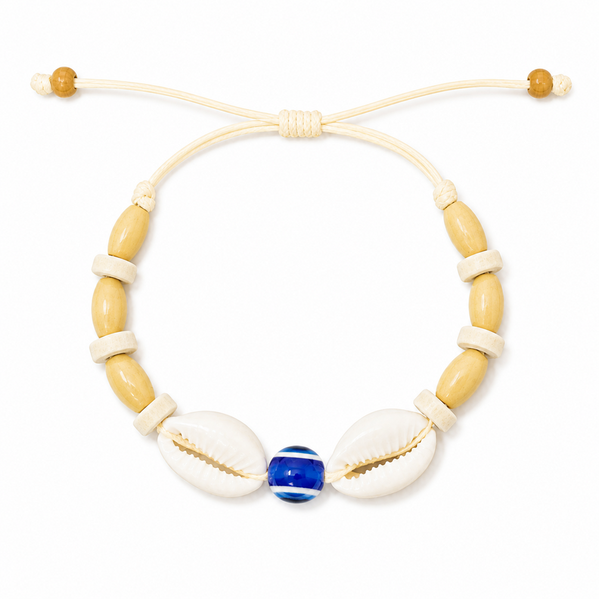 Pulsera Concha Hilo Encerado Beige Ojo Azul