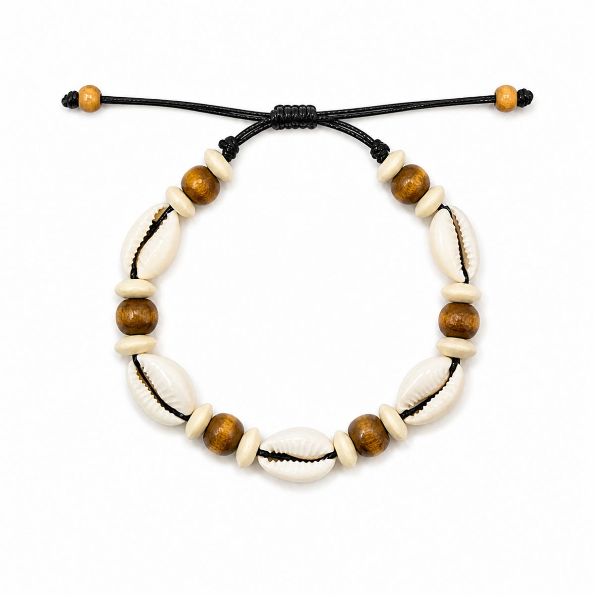 Pulsera Concha Hilo Encerado Negro Cuentas Madera