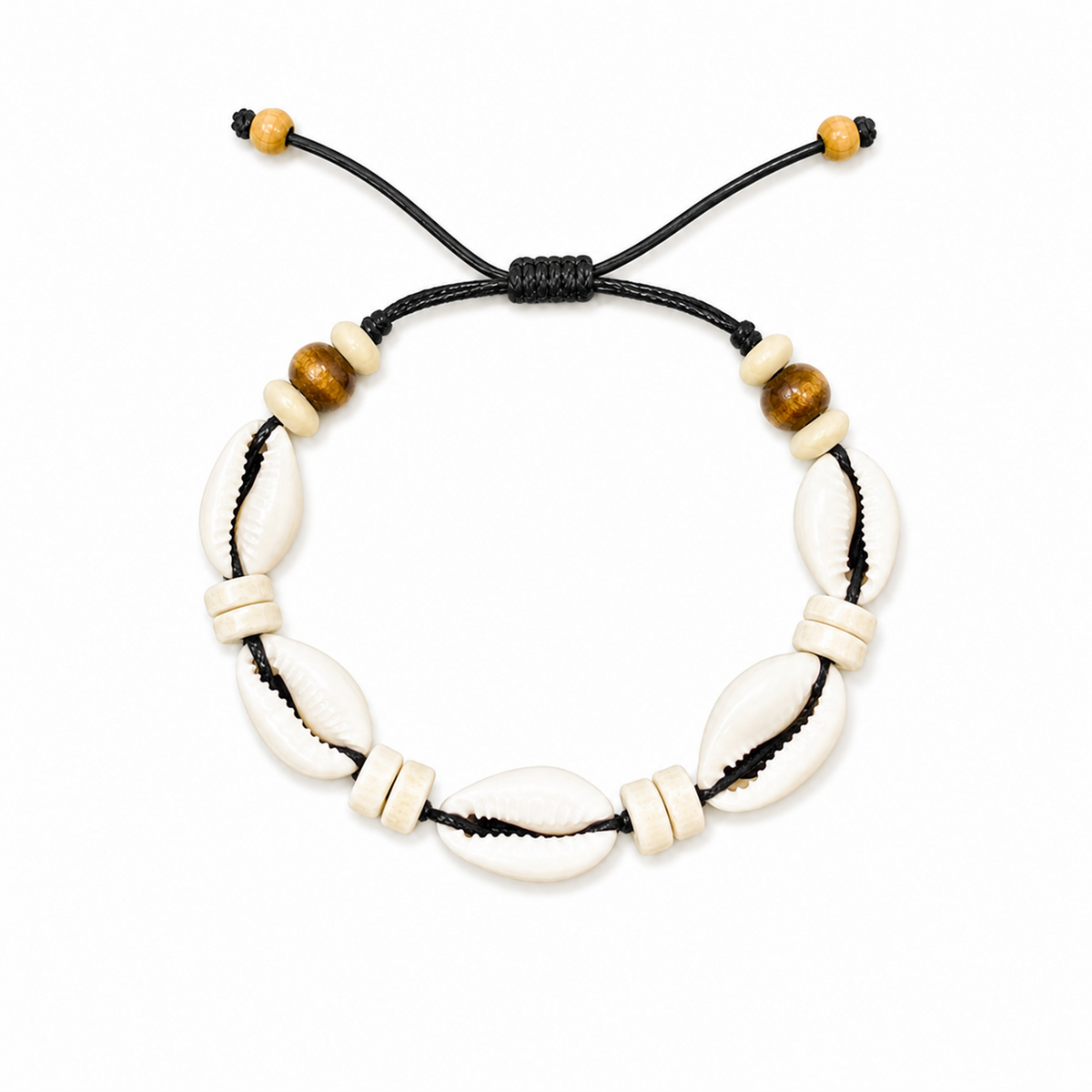Pulsera Concha Hilo Encerado Negro Cuentas Crema