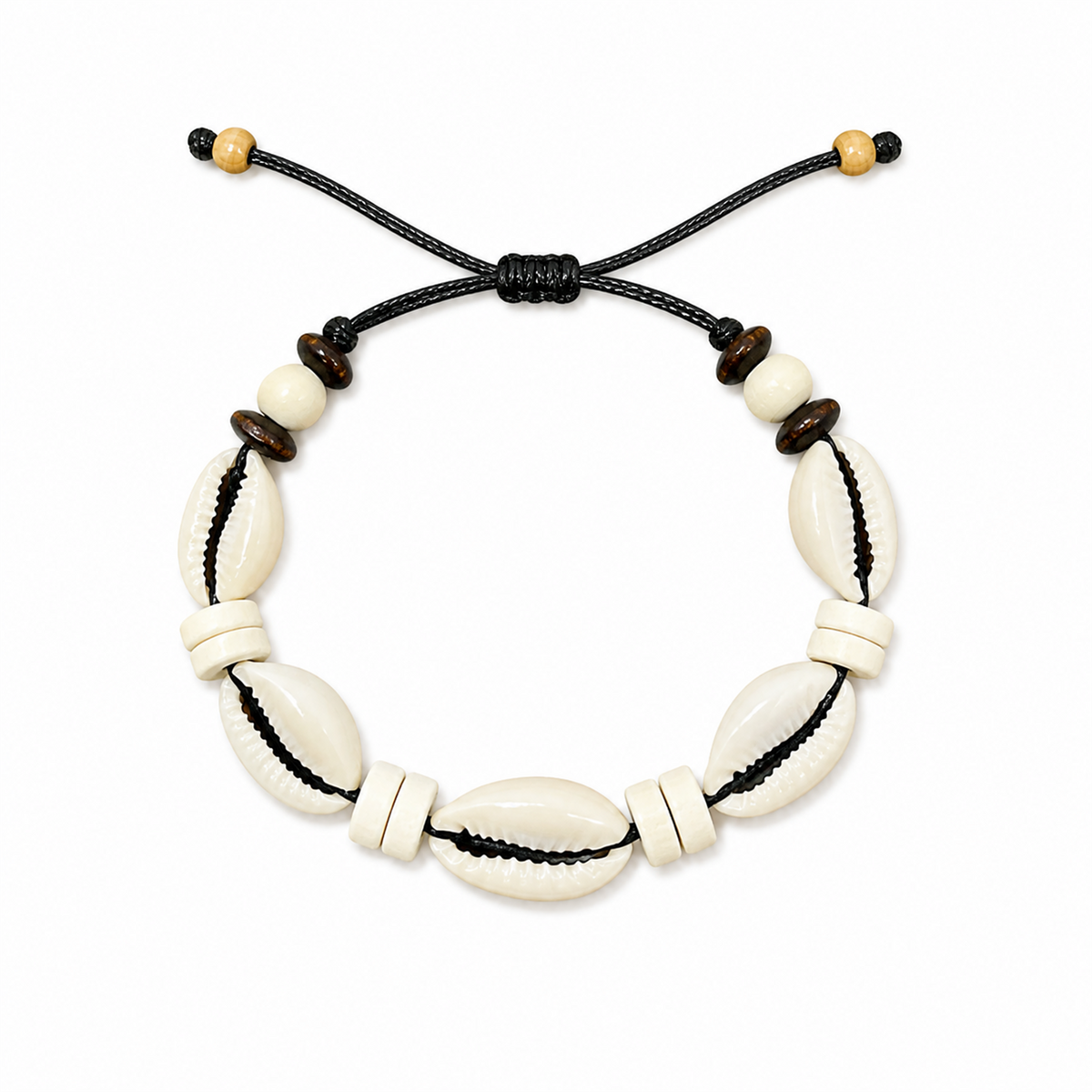Pulsera Concha Hilo Encerado Negro Marrón Crema