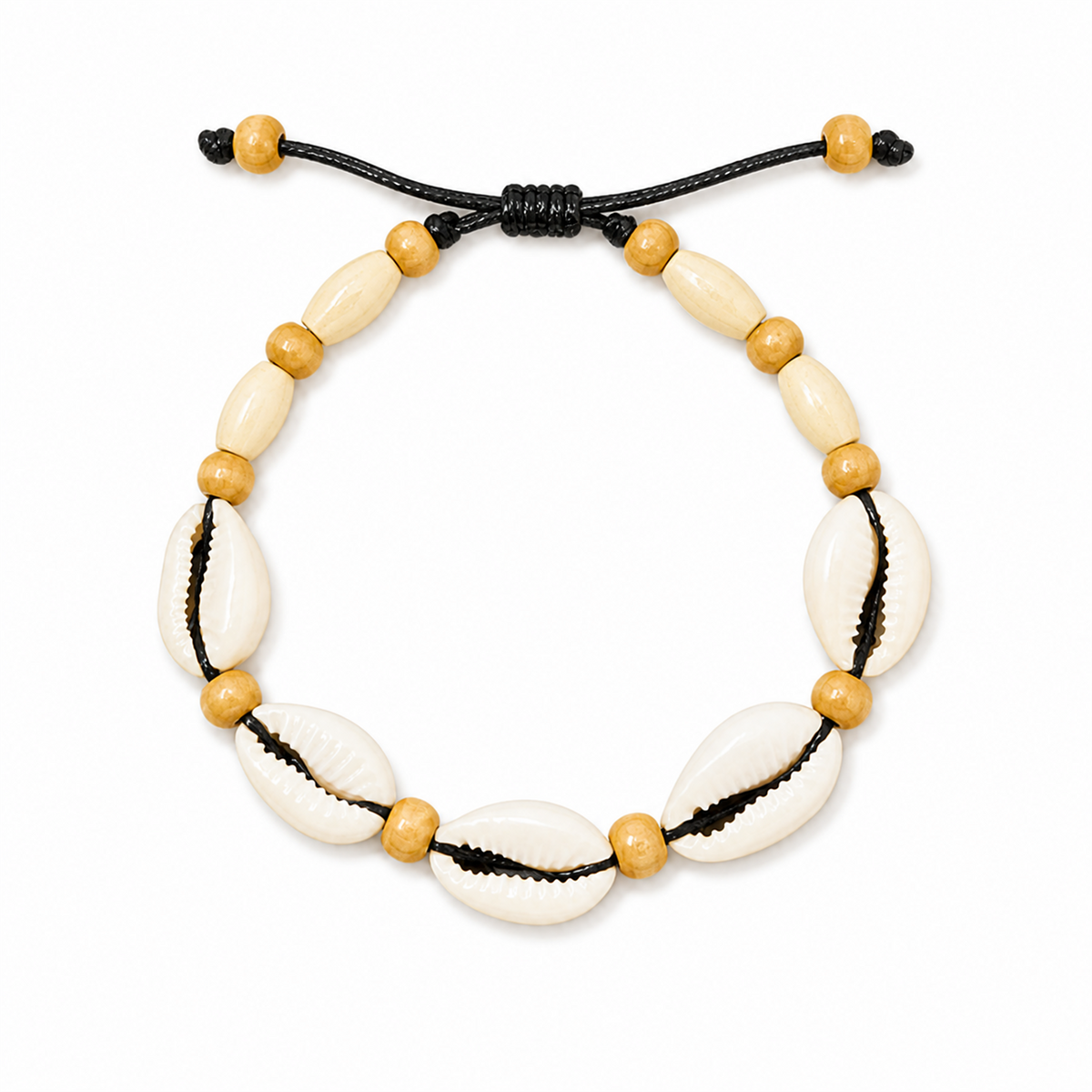 Pulsera Concha Hilo Encerado Negro Cuentas Beige