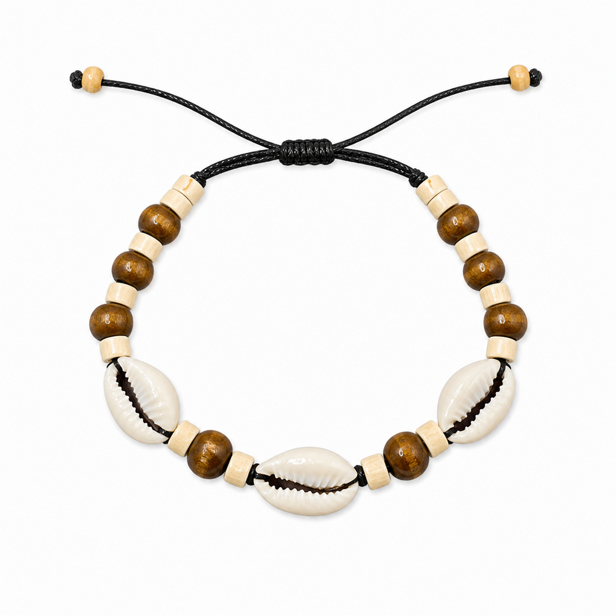 Pulsera Concha Hilo Encerado Negro Cuentas Doradas