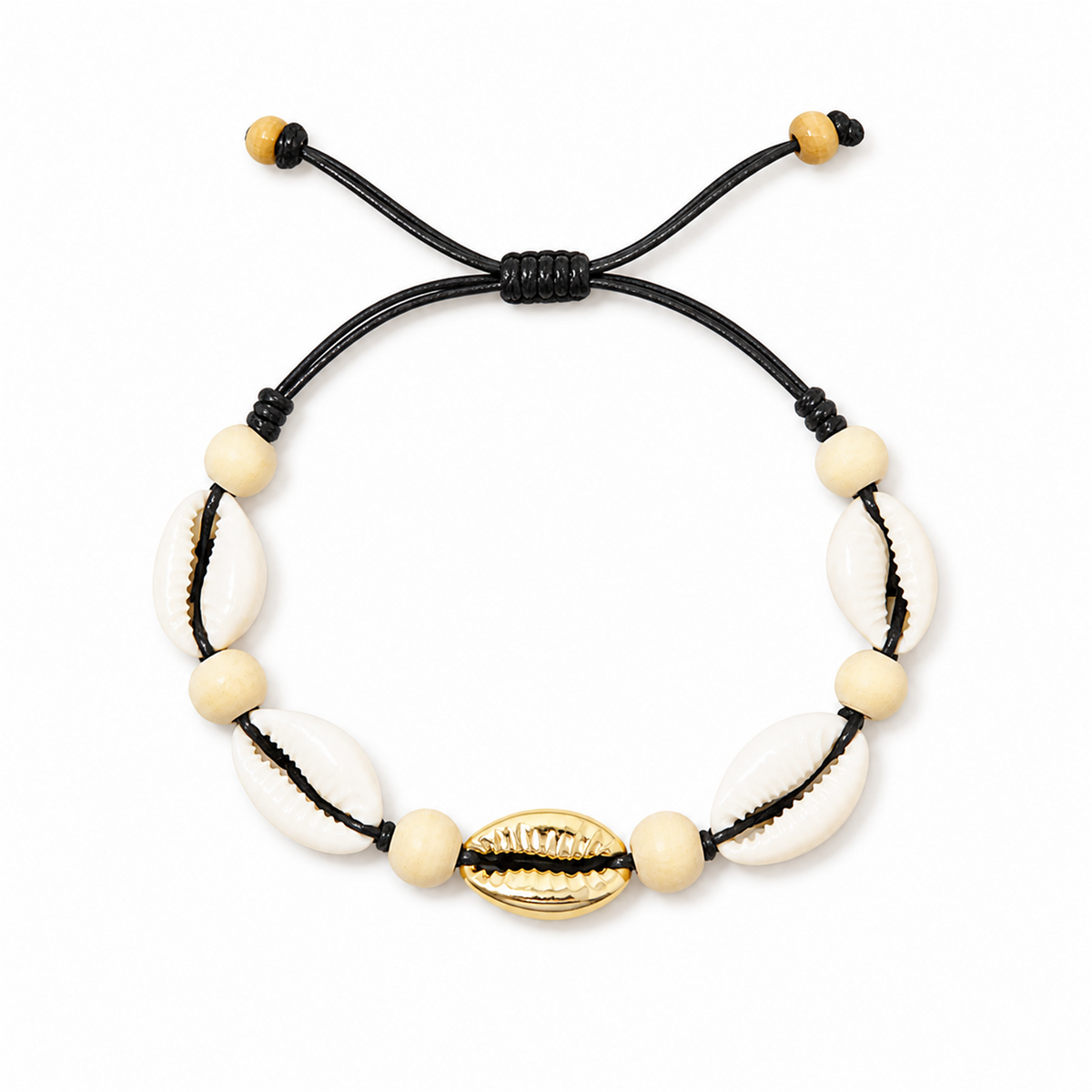 Pulsera Concha Hilo Encerado Negro Concha Dorada