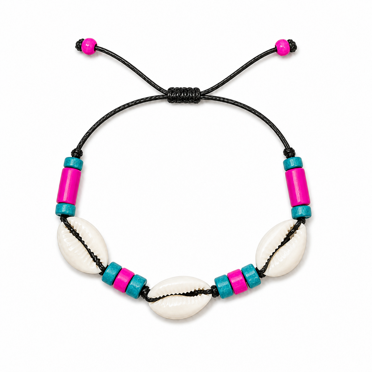 Pulsera Concha Hilo Encerado Negro Fucsia Turquesa
