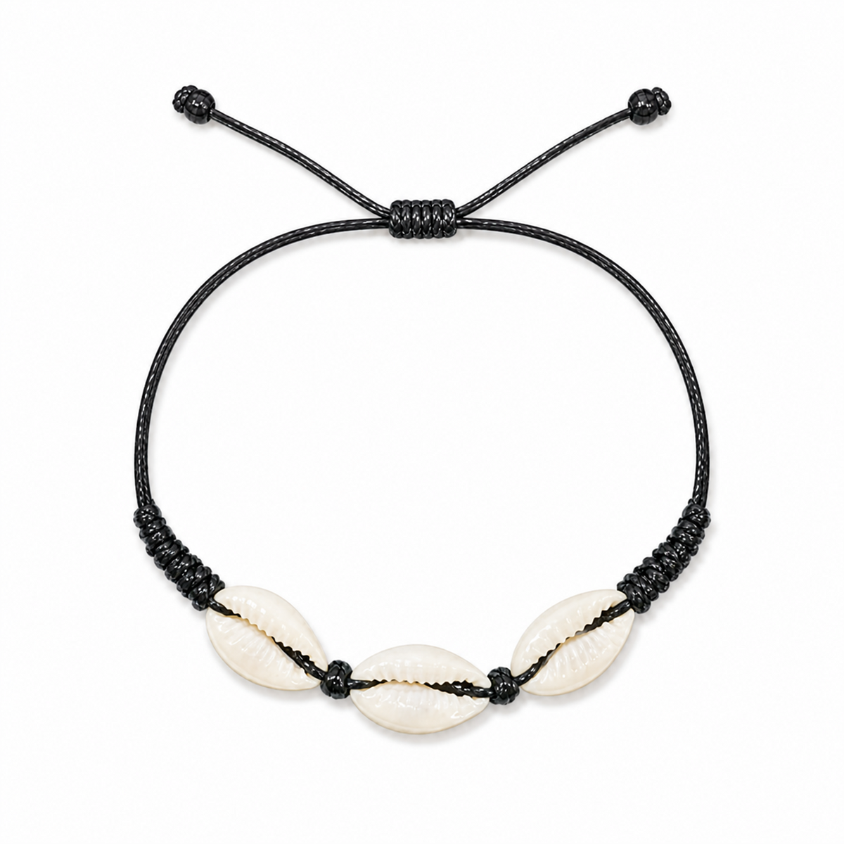 Pulsera Concha Hilo Encerado Negro Tres Conchas