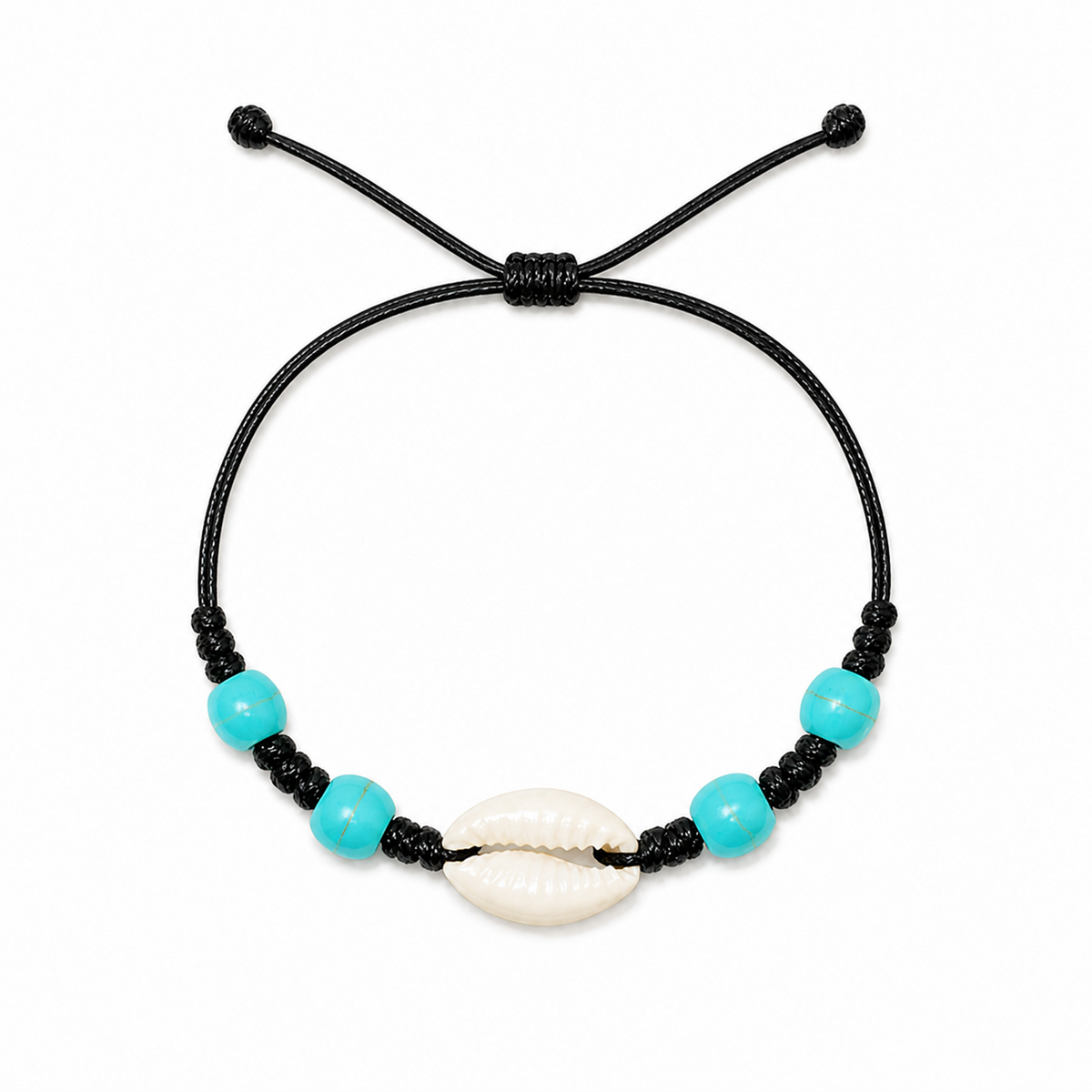 Pulsera Concha Hilo Encerado Negro Cuentas Turquesa