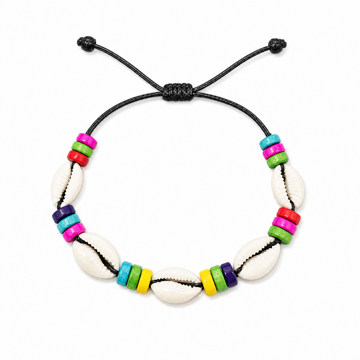 Pulsera Concha Hilo Encerado Negro Multicolor Conchas
