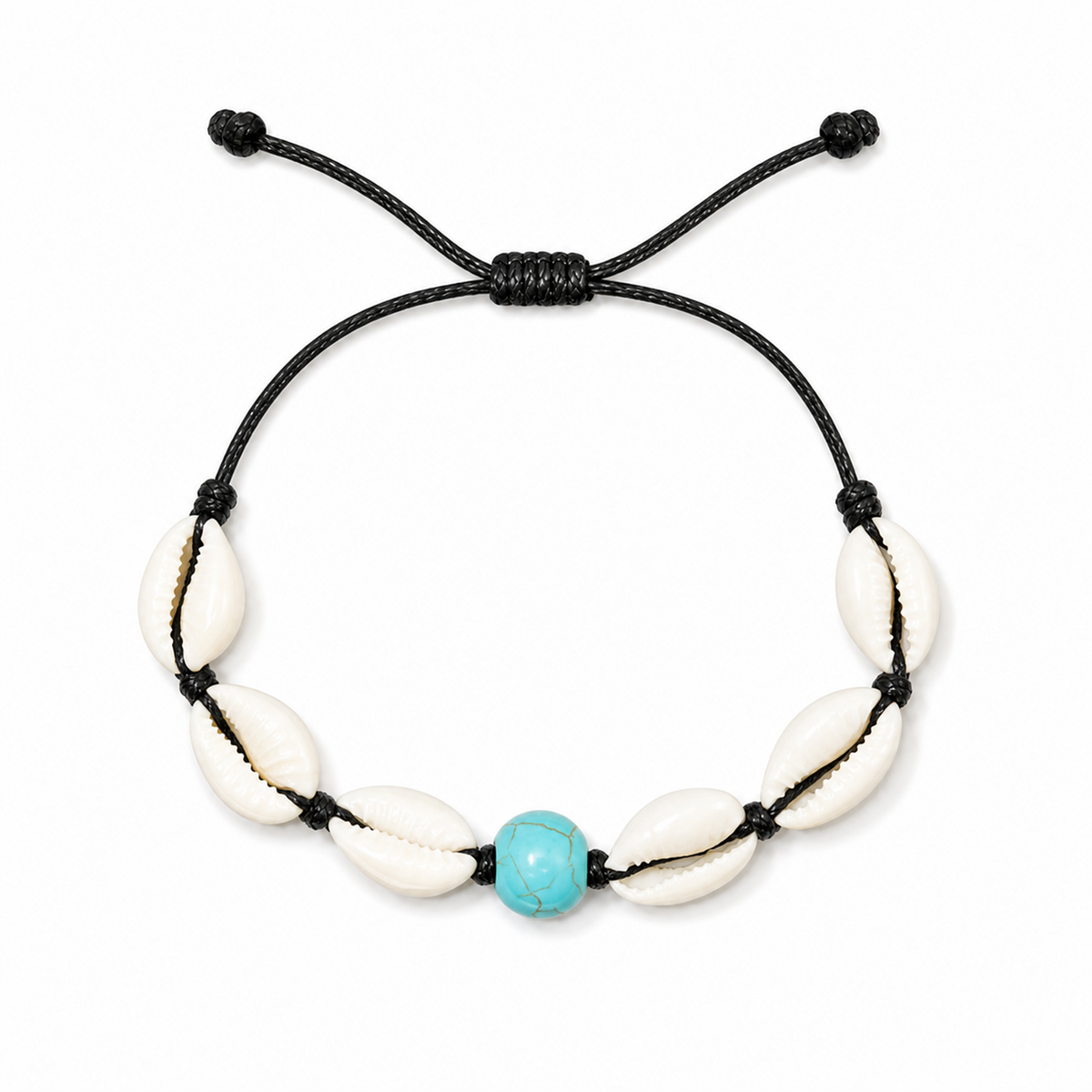 Pulsera Concha Hilo Encerado Negro Turquesa Conchas