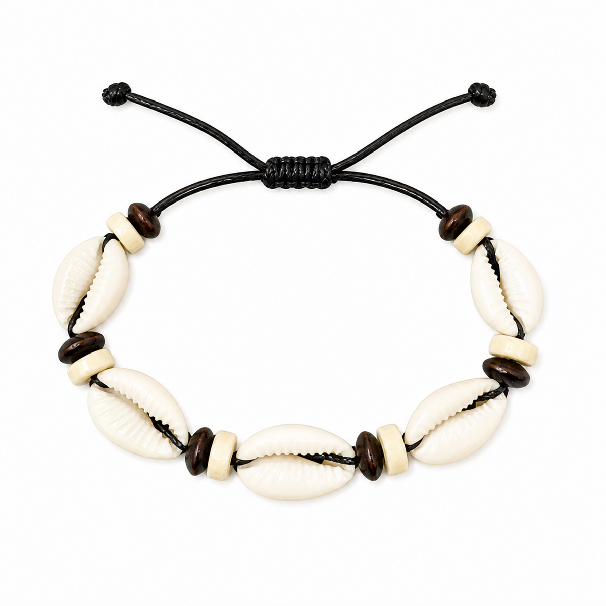 Pulsera Concha Hilo Encerado Negro Marrón Conchas