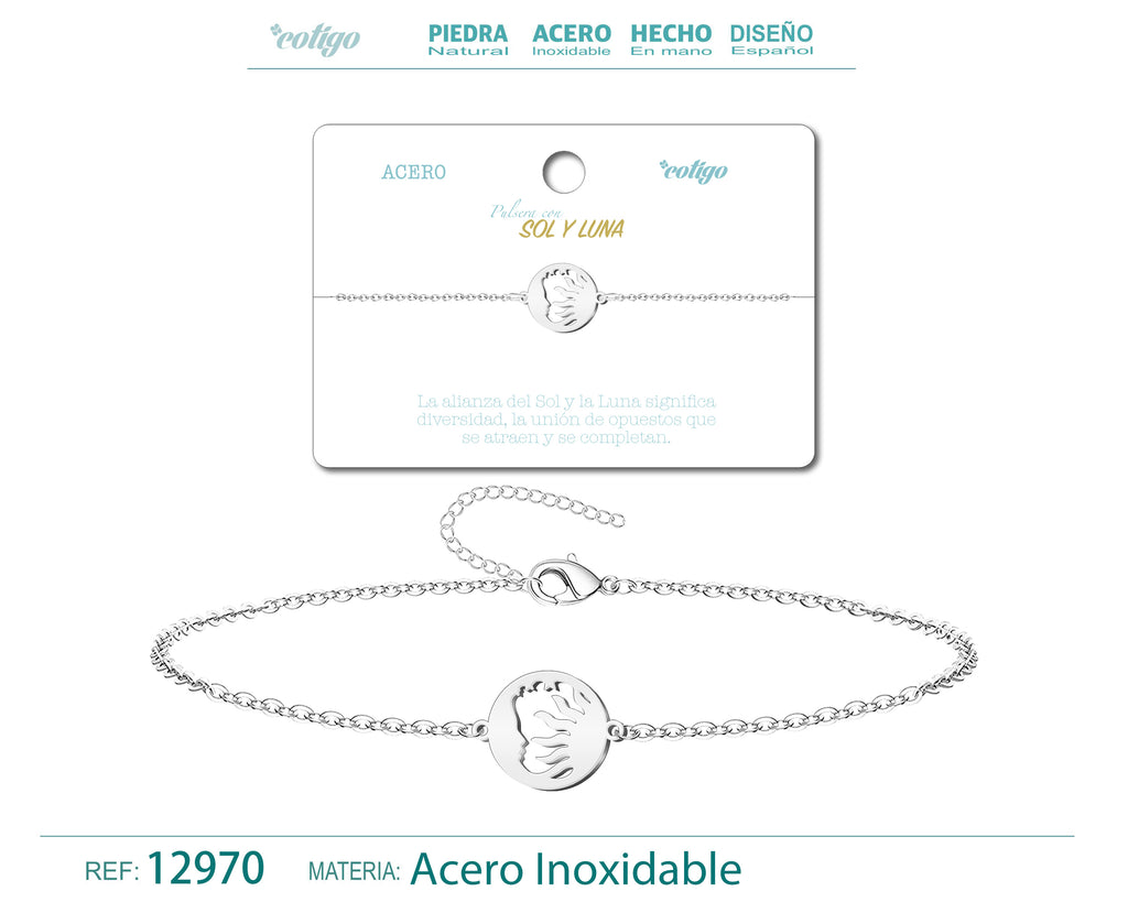Pulsera Sol y Luna en Acero Inoxidable en acabado plateado – vista principal del diseño sol y luna