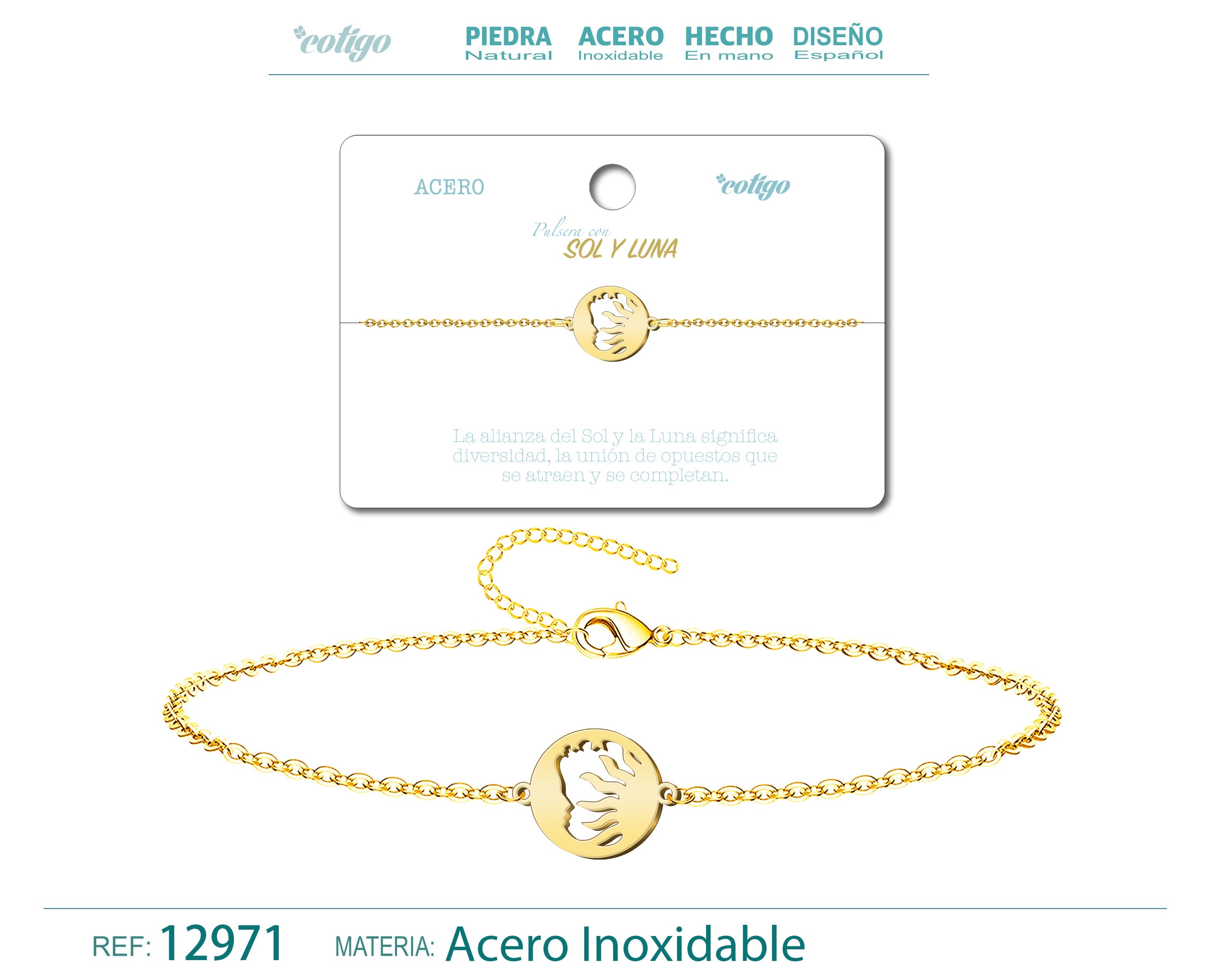 Pulsera Sol y Luna en Acero Inoxidable en acabado dorado – vista principal del diseño sol y luna