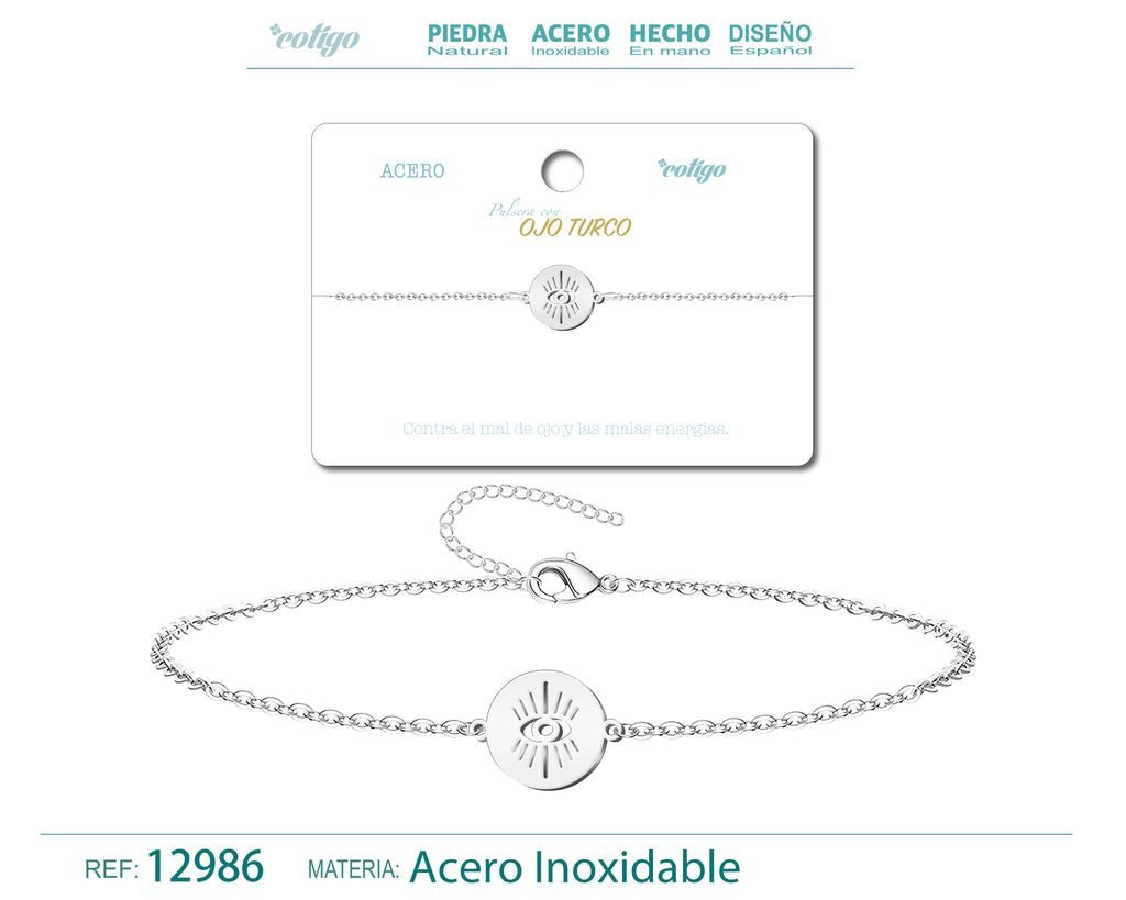 Pulsera con Ojo Turco en Medallón de Acero Inoxidable en acabado plateado – vista principal