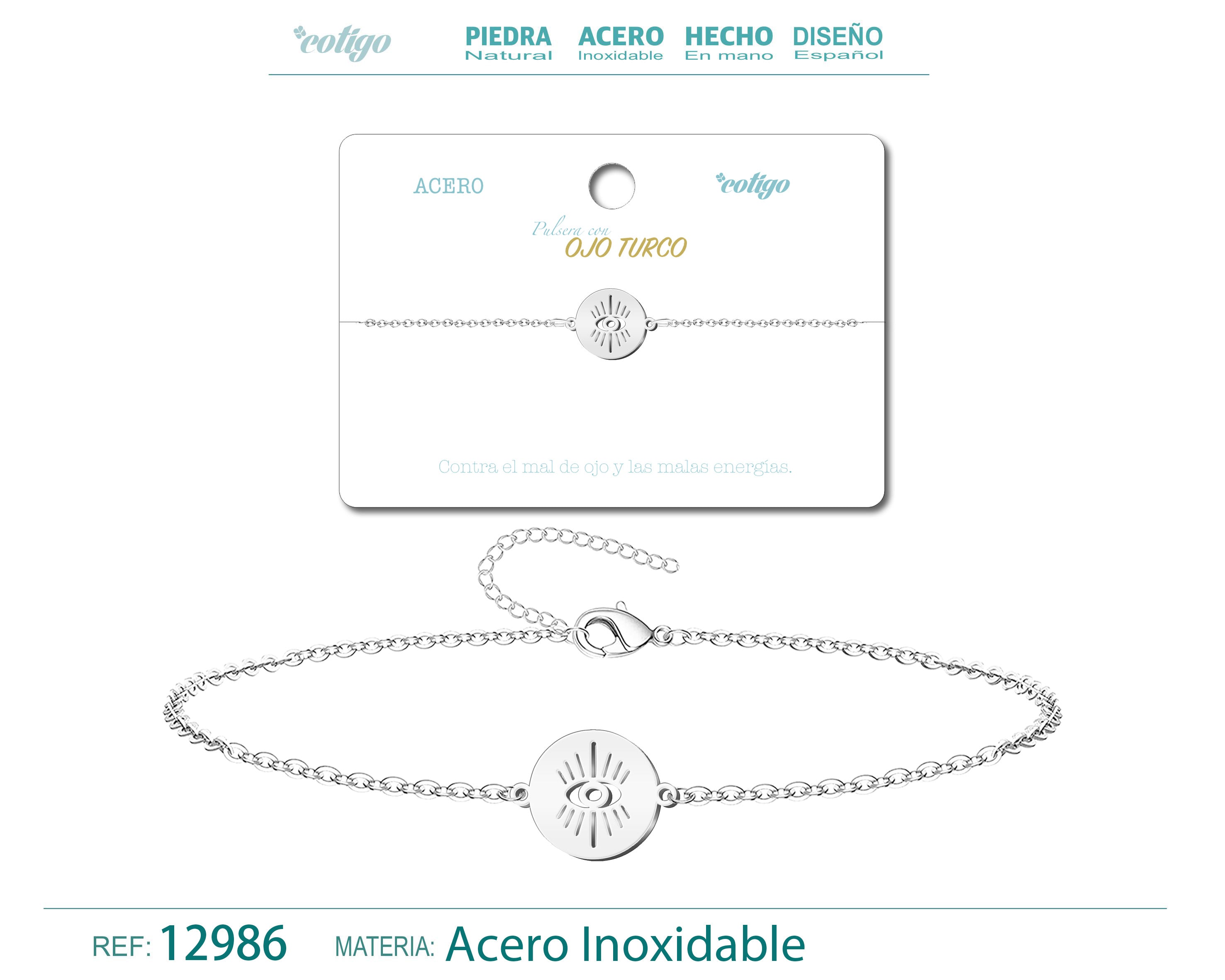 Pulsera con Ojo Turco en Medallón de Acero Inoxidable en acabado plateado – vista principal