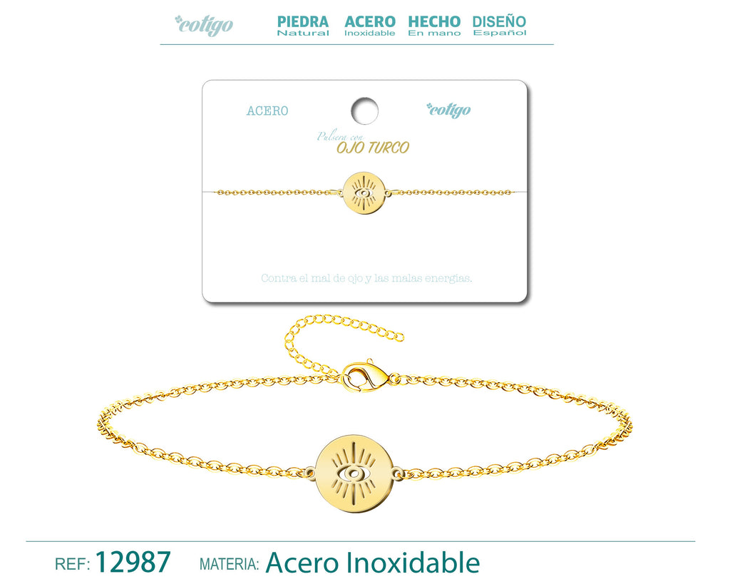 Pulsera con Ojo Turco en Medallón de Acero Inoxidable en acabado dorado – vista principal