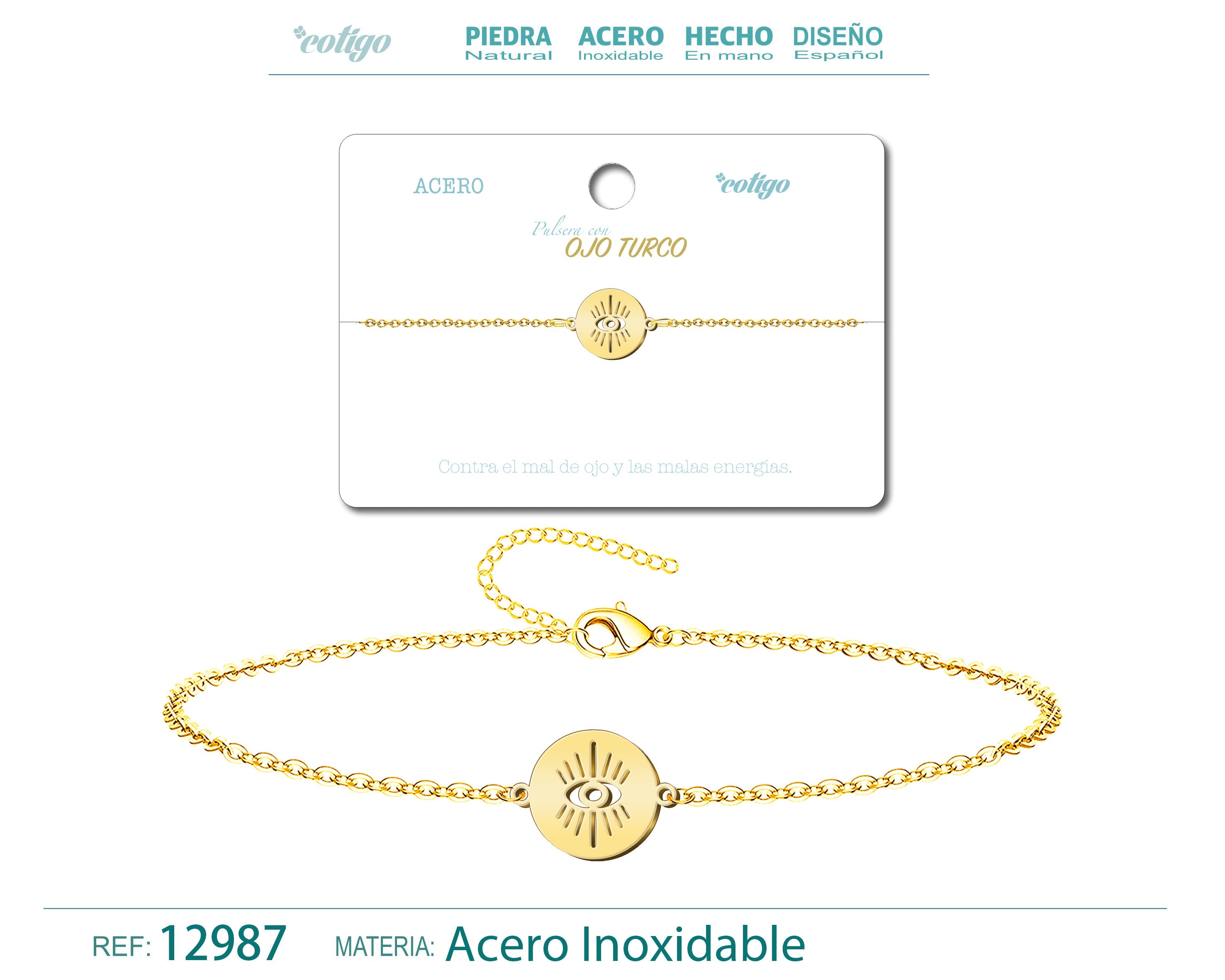 Pulsera con Ojo Turco en Medallón de Acero Inoxidable en acabado dorado – vista principal