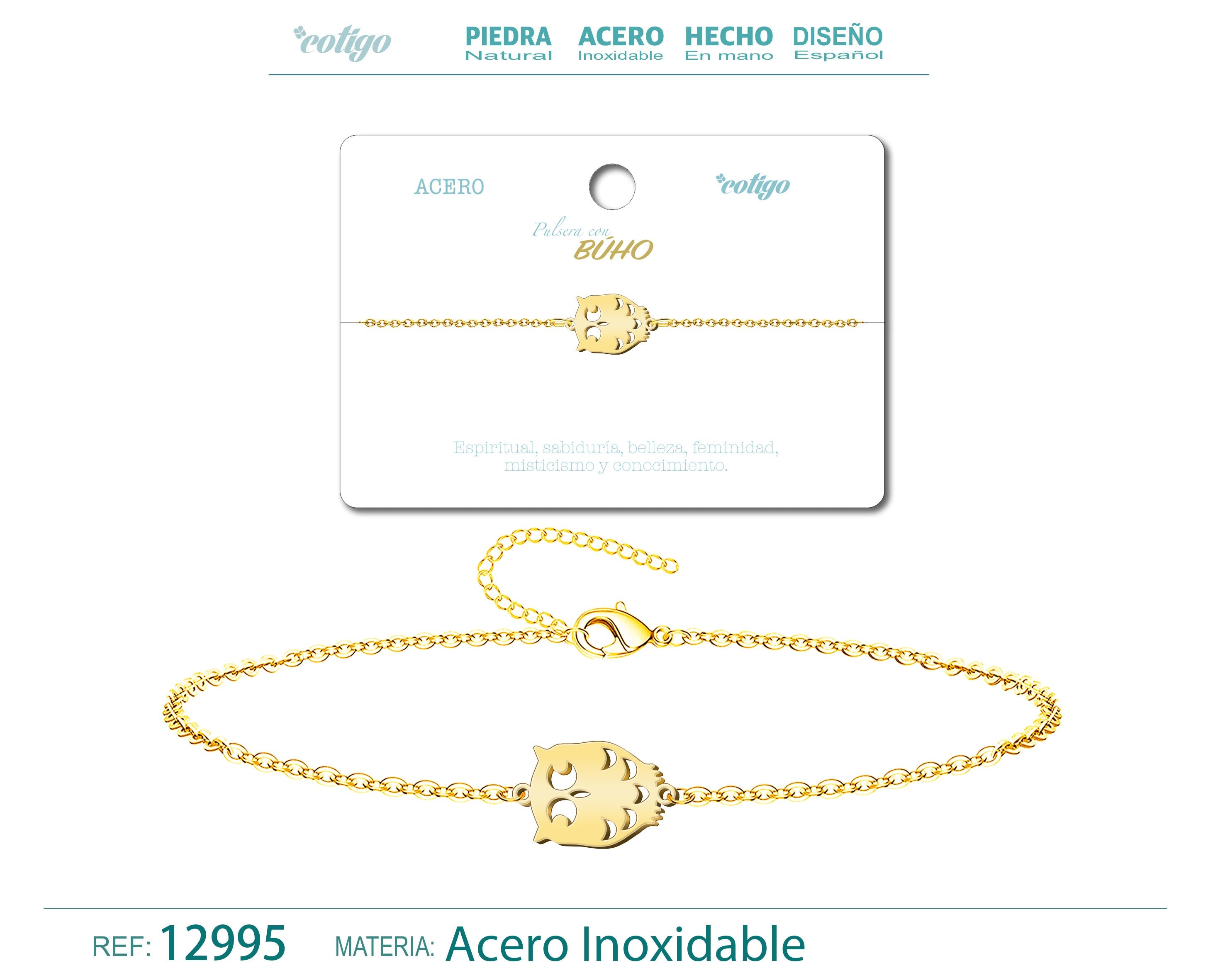 Pulsera Búho en Acero Inoxidable en acabado dorado – vista principal del diseño búho