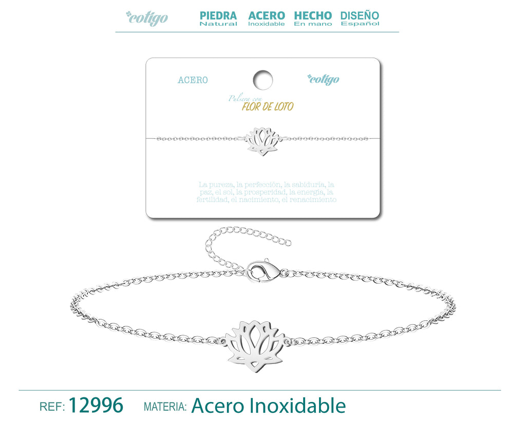 Pulsera Flor de Loto en Acero Inoxidable en acabado plateado – vista principal del diseño flor de loto