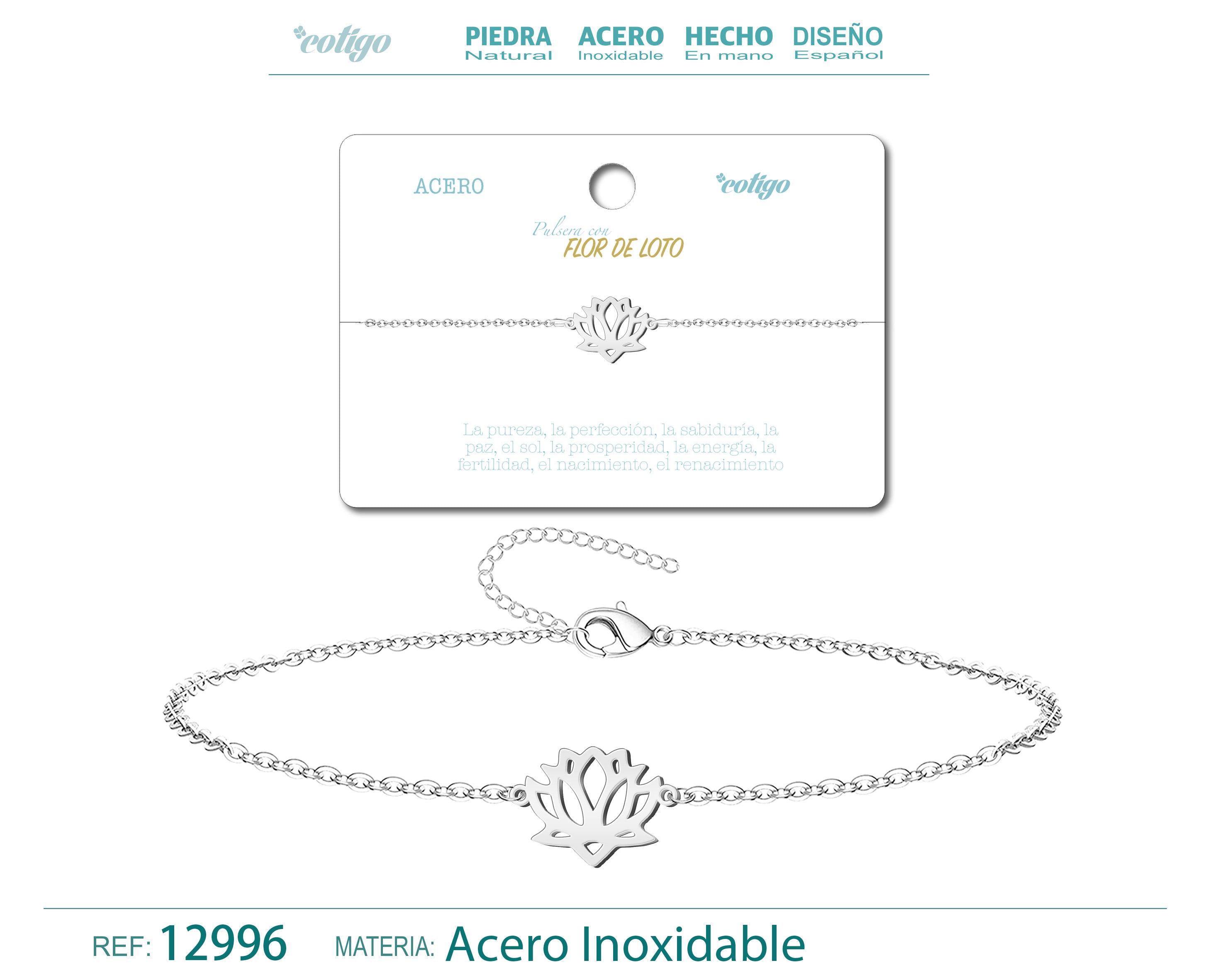 Pulsera Flor de Loto en Acero Inoxidable en acabado plateado – vista principal del diseño flor de loto