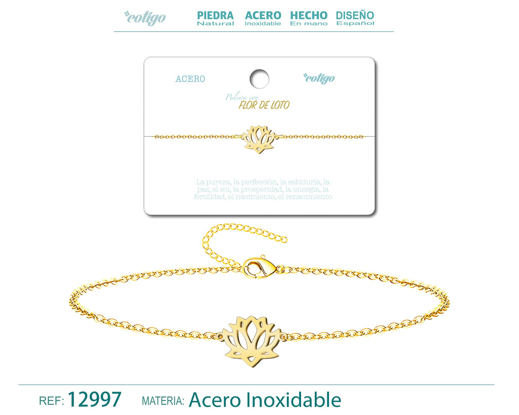 Pulsera Flor de Loto en Acero Inoxidable en acabado dorado – vista principal del diseño flor de loto