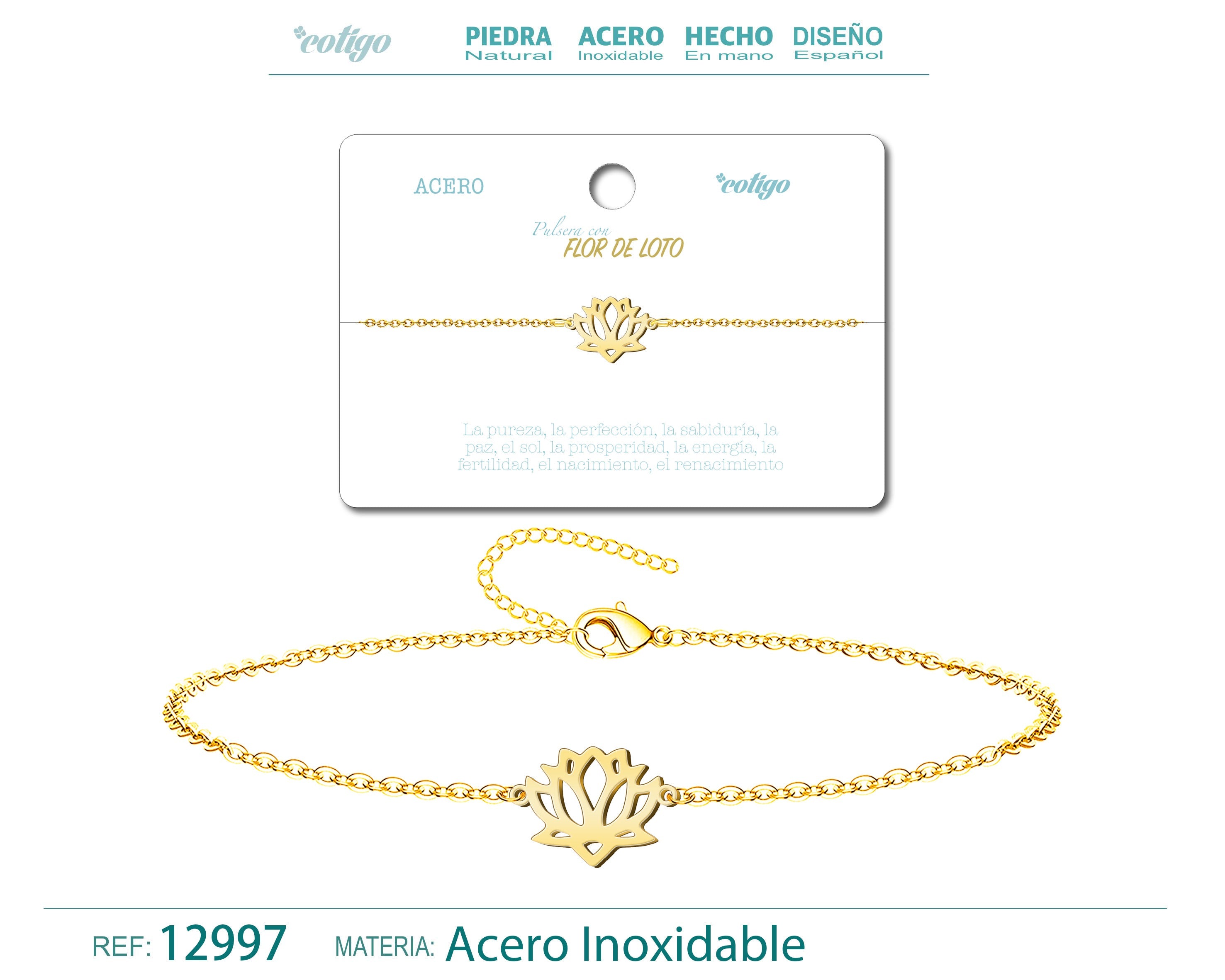 Pulsera Flor de Loto en Acero Inoxidable en acabado dorado – vista principal del diseño flor de loto