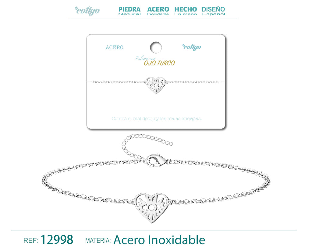 Pulsera con Corazón y Ojo Turco en Acero Inoxidable en acabado plateado – vista principal del diseño corazón y ojo turco