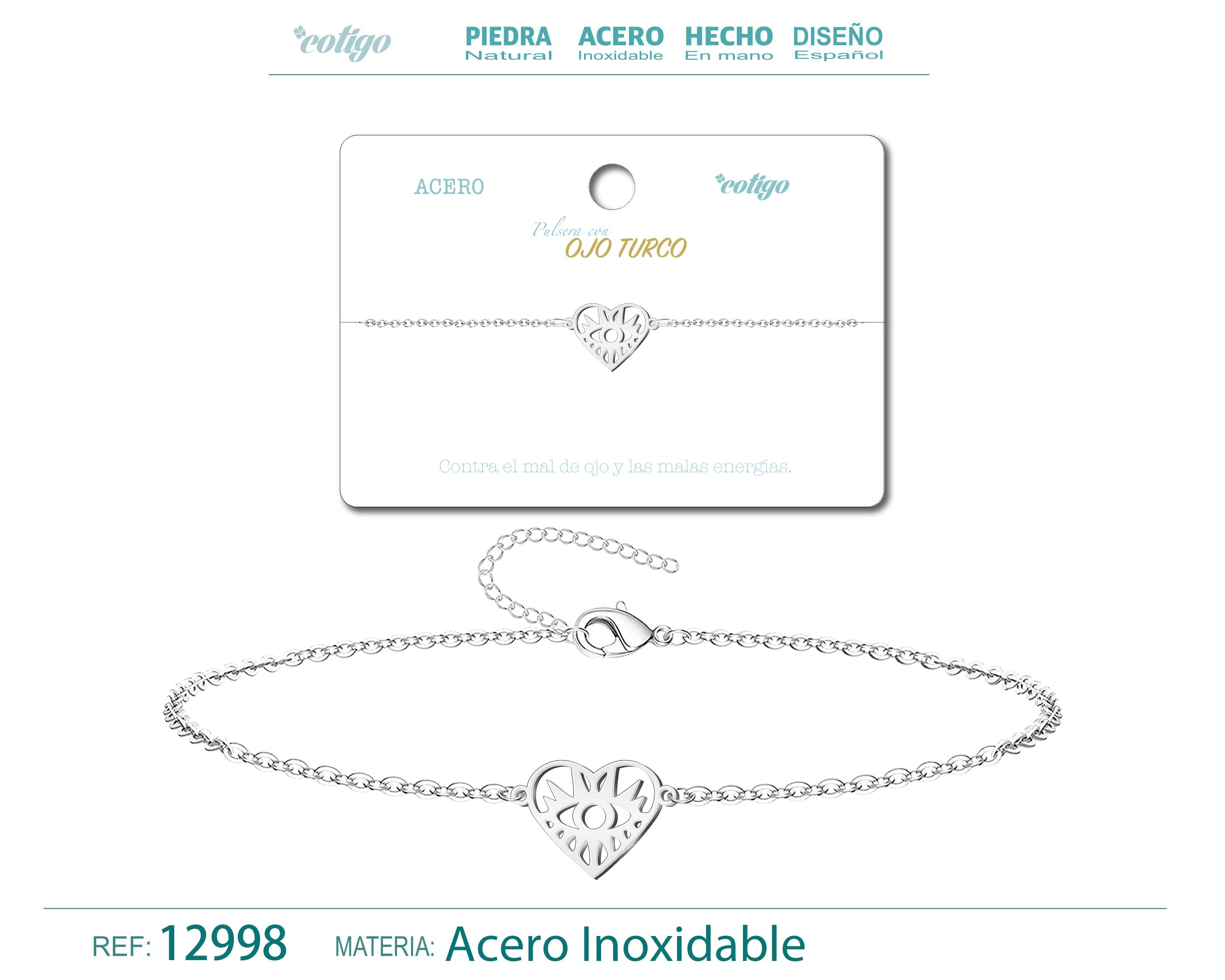 Pulsera con Corazón y Ojo Turco en Acero Inoxidable en acabado plateado – vista principal del diseño corazón y ojo turco