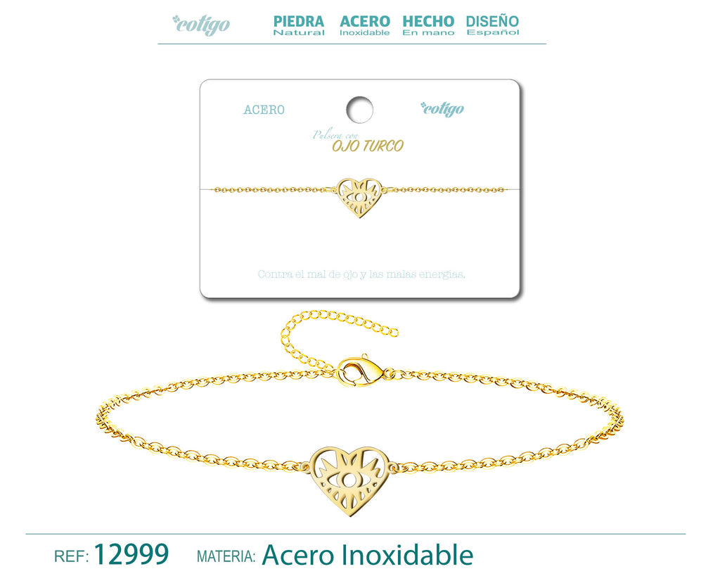 Pulsera con Corazón y Ojo Turco en Acero Inoxidable en acabado dorado – vista principal del diseño corazón y ojo turco