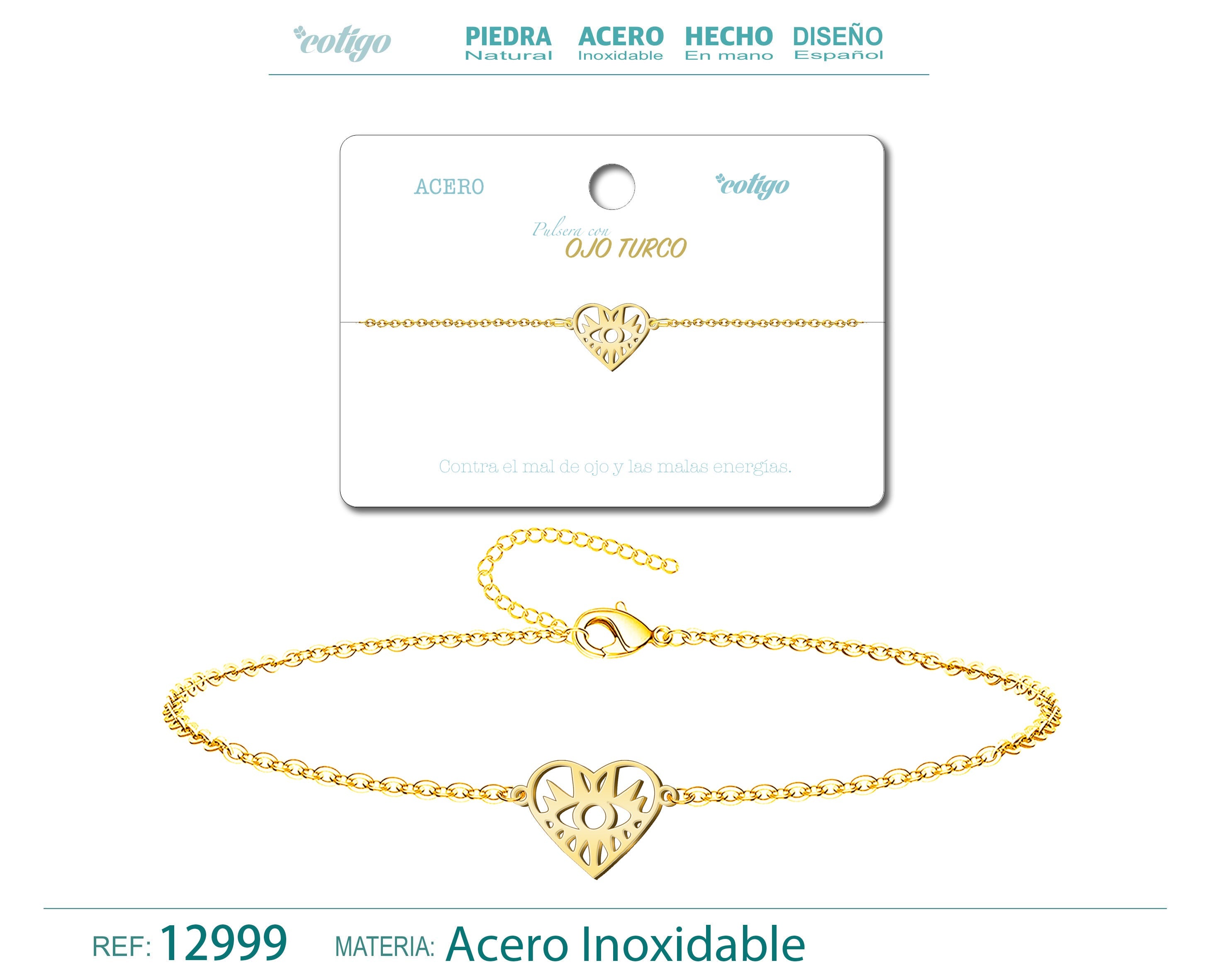 Pulsera con Corazón y Ojo Turco en Acero Inoxidable en acabado dorado – vista principal del diseño corazón y ojo turco