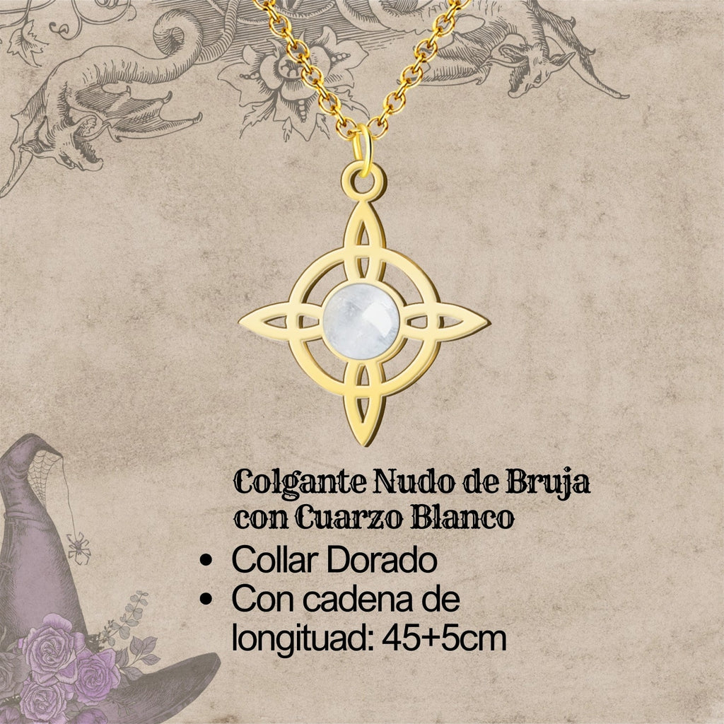 Colgante Nudo de Bruja con Cuarzo Blanco en Acero Dorado cotigo