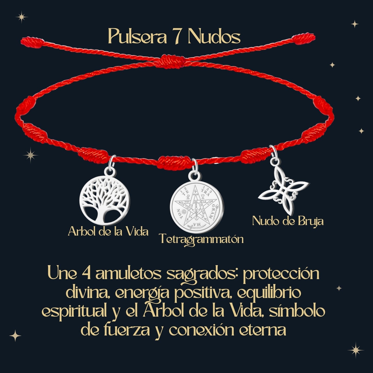 Pulsera 7 nudos con Nudo de Bruja y Tetragramatón, y Árbol de la Vida Plateado Acero Inoxidable