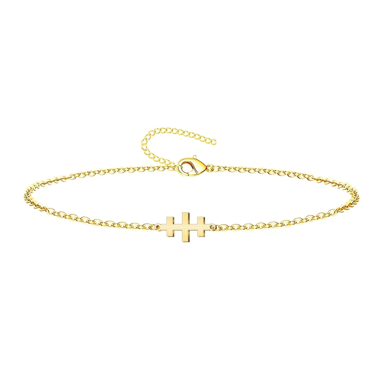 Pulsera de cadena fina en acero inoxidable dorado con Cruz de las Catacumbas horizontal y cierre de mosquetón ajustable.