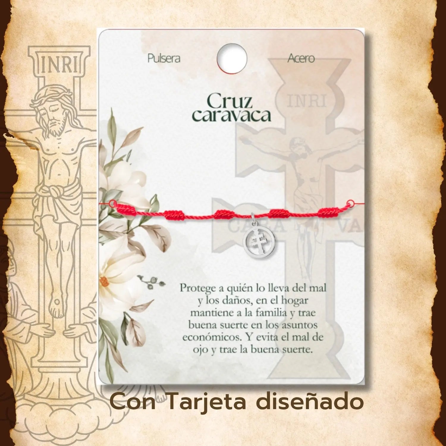 Pulsera 7 Nudos con Medalla de Cruz de Caravaca en Hilo Rojo y Acero - cotigo