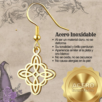 Pendientes Nudo de Bruja – Acero Inoxidable Dorado, Amuleto de Protección